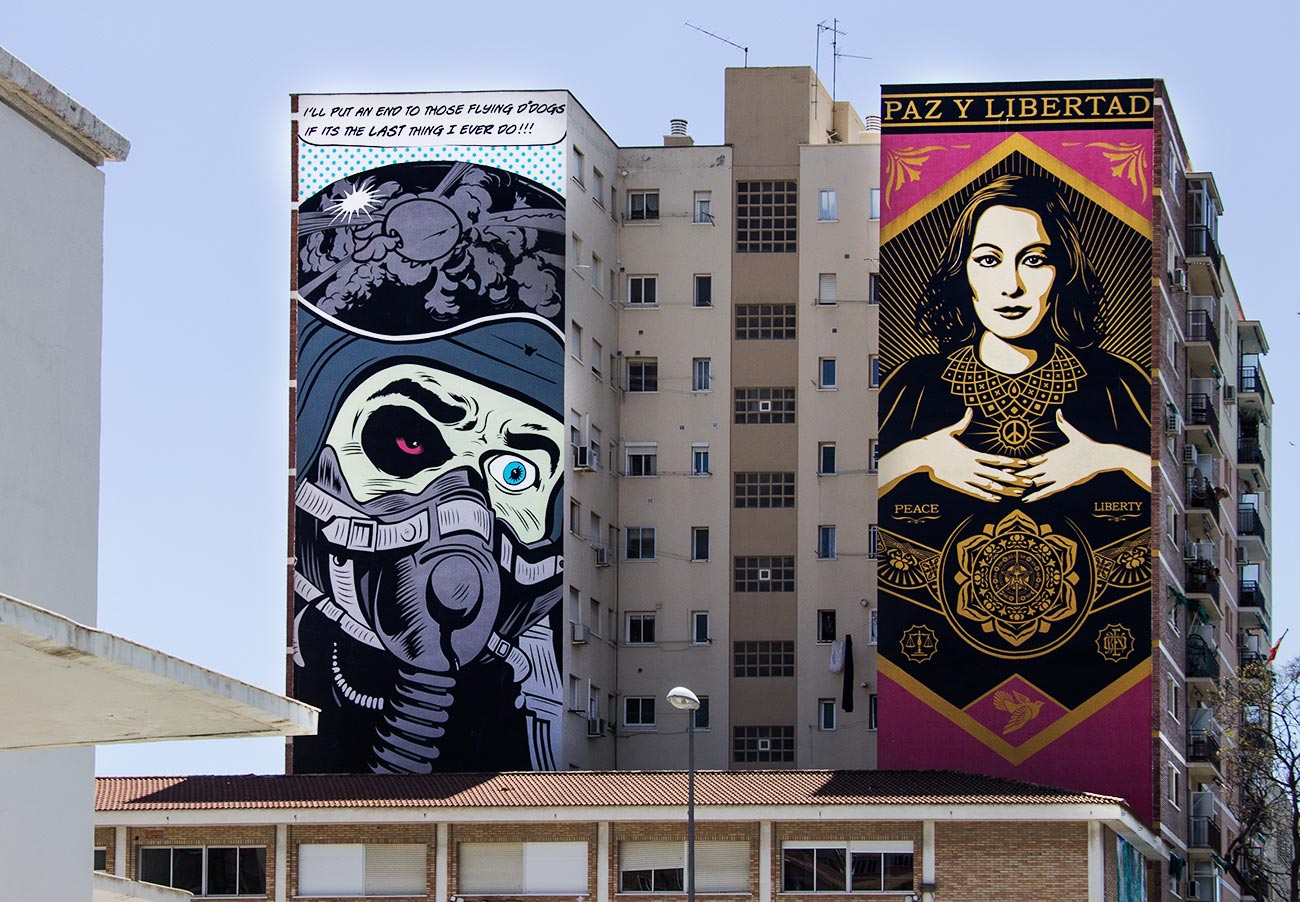The murals 'Piloten' by D*Face and 'Paz y Libertad' by Obey.