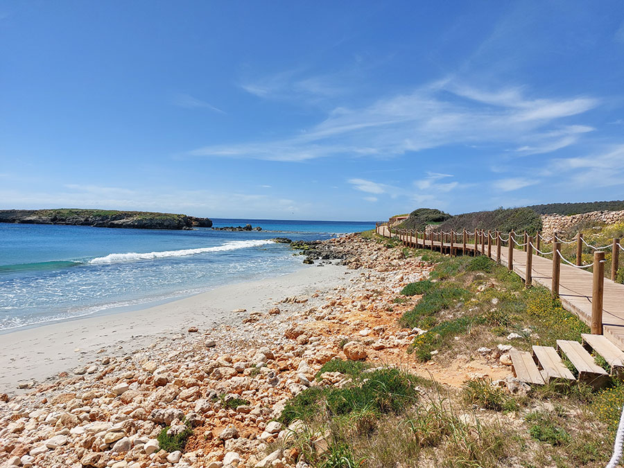 Santo Tomas er en af Menorcas smukke strande, omgivet af bakker og skove.