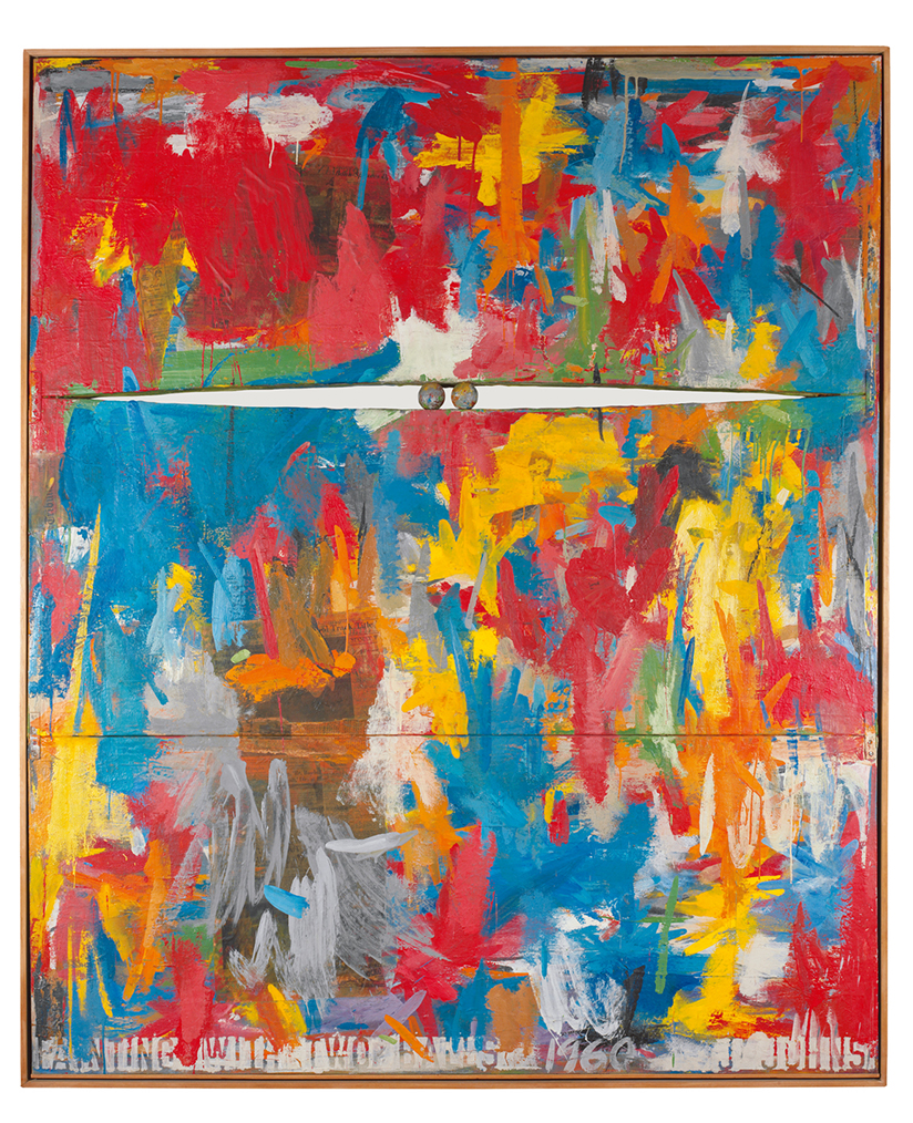 Painting with two balls, 1960. Encaustic and collage on canvas with objects (three panels) © Jasper Johns, VEGAP, Bilbao, 2025